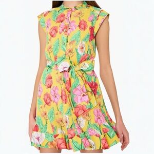 MILLY Joan Tulip Rosette Pleated Belted Button Down Yellow Floral Mini Dress NEW